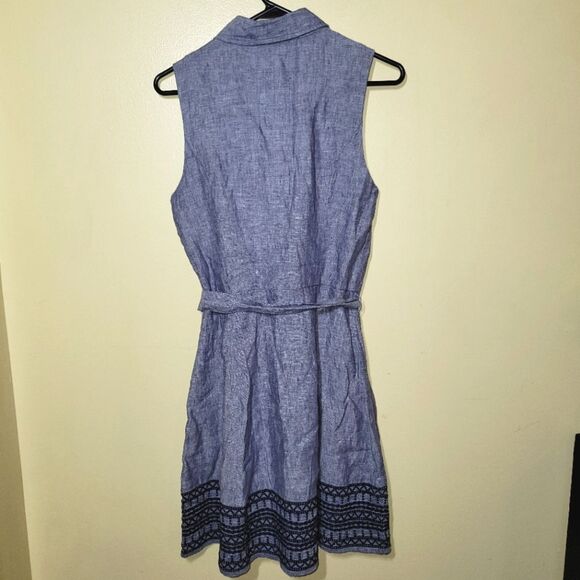 Tahari Linen Blue Embroidered Sleeveless Shirt Dress 4 - Picture 4 of 11